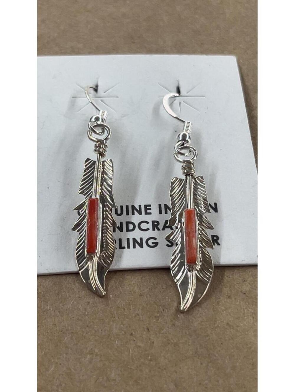 Native American Navajo handmade sterling silver inlay coral earrings feather